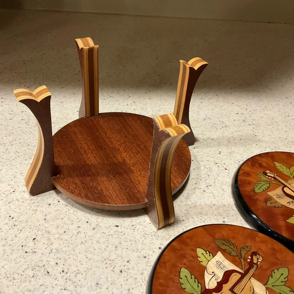 HANDMADE Italian Coaster Set of 6 Inlaid Wooden Stand Mandolin/ Violin Brown Tan